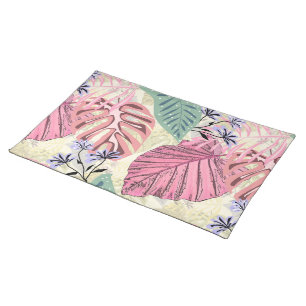 Pink and green tropical leaves, blue flowers. cloth placemat