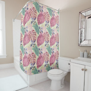 Pink and green tropical leaves, blue flowers. show shower curtain