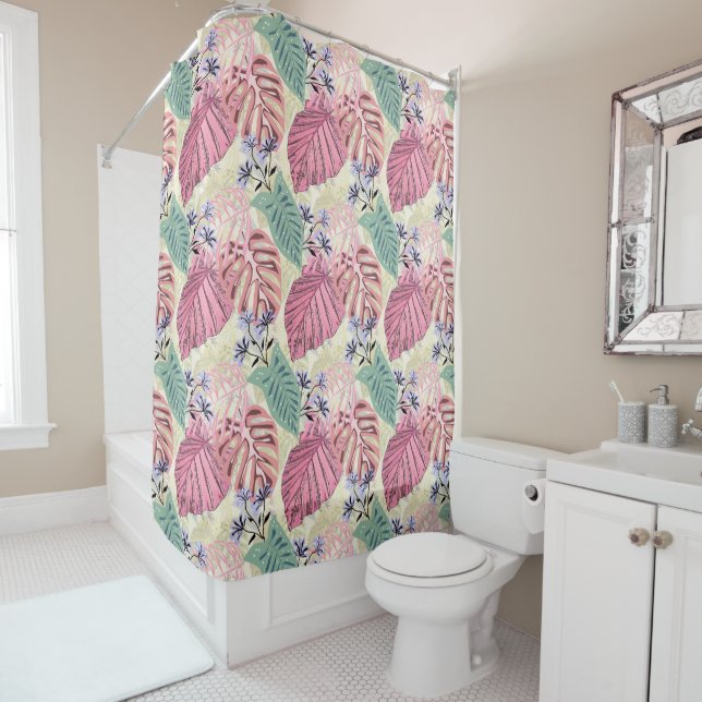 Pink and green tropical leaves, blue flowers. show shower curtain (In Situ)