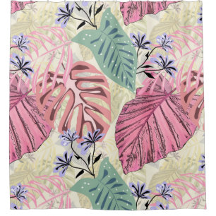 Pink and green tropical leaves, blue flowers. shower curtain