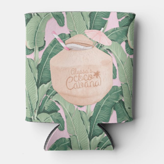 Pink and Green Tropical Leaves | Coconut Drink | Can Cooler (Front)