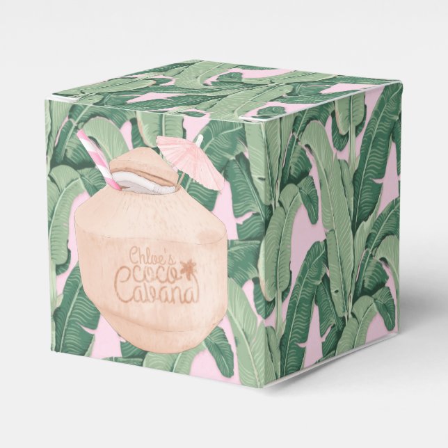 Pink and Green Tropical Leaves | Coconut Drink | Favor Boxes (Front Side)