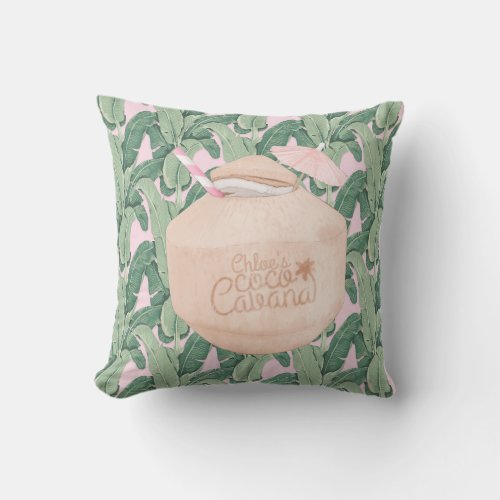 Pink and Green Tropical Leaves  Coconut Drink  Outdoor Pillow