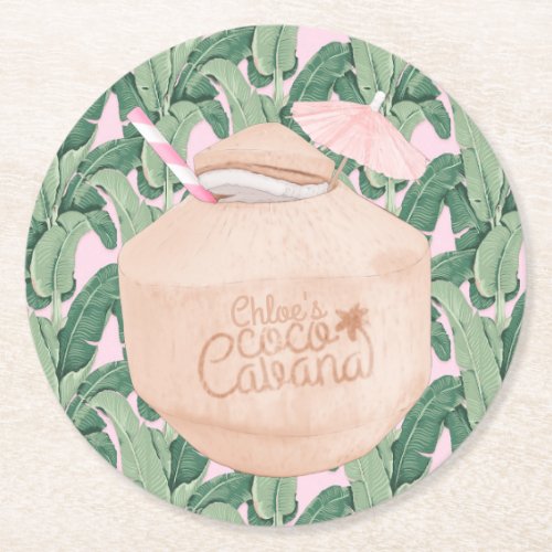Pink and Green Tropical Leaves  Coconut Drink  Round Paper Coaster