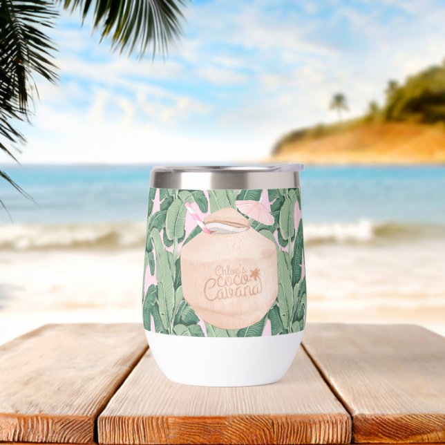 Pink and Green Tropical Leaves | Coconut Drink | Thermal Wine Tumbler (Beach)