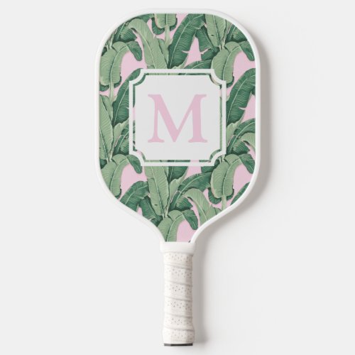 Pink and Green Tropical Leaves  Monogram Cabana  Pickleball Paddle