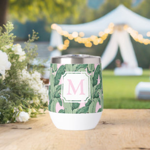 Pink and Green Tropical Leaves   Monogram Cabana Thermal Wine Tumbler