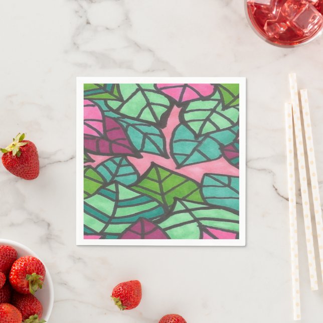 Pink and Green Tropical Leaves Napkins (Insitu)
