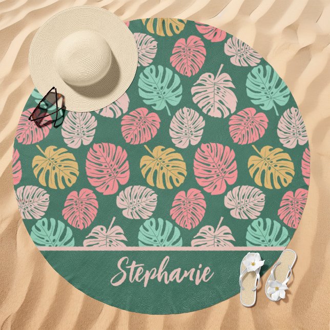 Pink and Green Tropical Monstera Leaf Custom Name Beach Towel (Creator Uploaded)