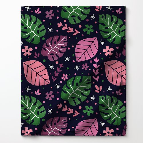 Pink And Green Tropical Monstera Leaf Pattern Fabric