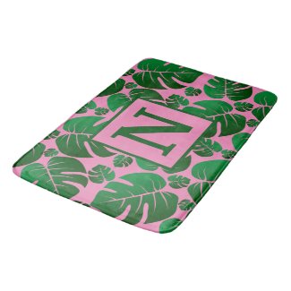 Pink and Green Tropical Palm Leaves Monogrammed Bath Mat