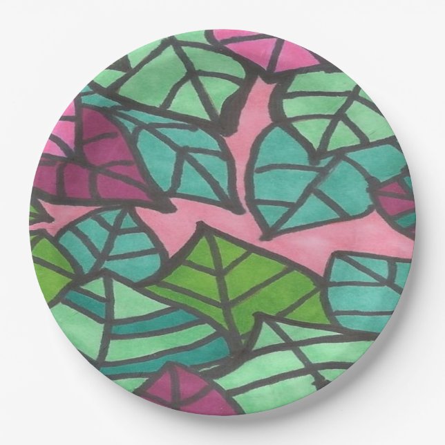 Pink and Green Tropical Palm Leaves Print Paper Plates (Front)