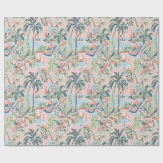Pink and Green Tropical Toile Wrapping Paper, Palm Paper