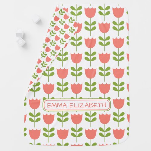 Pink and Green Tulips on White Baby Blanket
