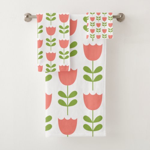 Pink and Green Tulips on White Bath Towel Set