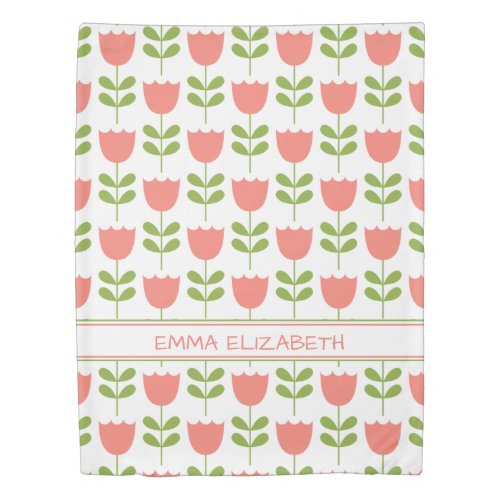 Pink and Green Tulips on White Duvet Cover