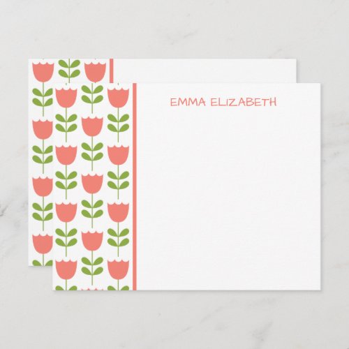 Pink and Green Tulips on White Note Card