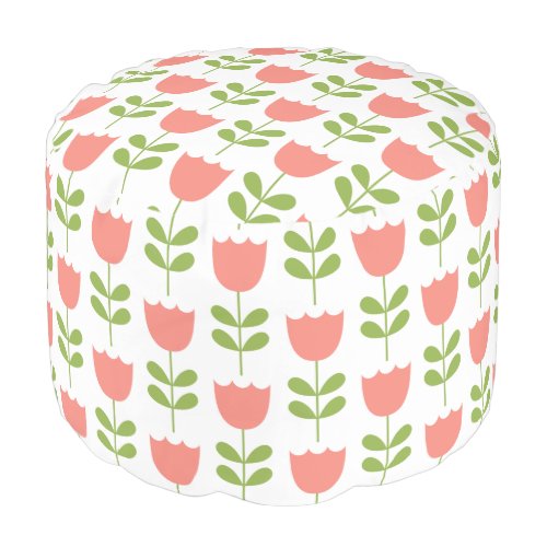 Pink and Green Tulips on White Pouf