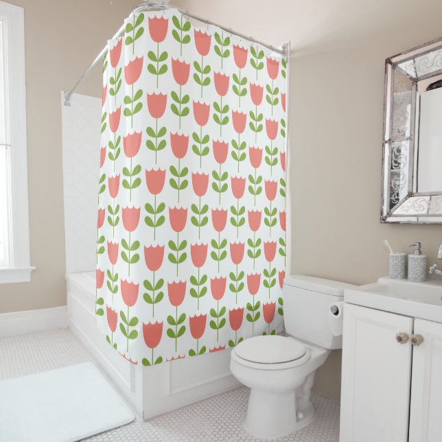 Pink and Green Tulips on White Shower Curtain (In Situ)