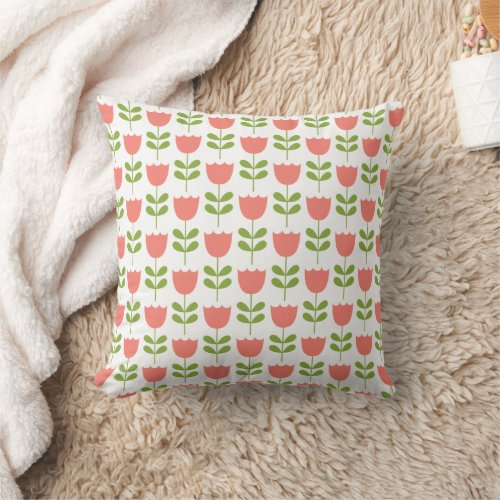 Pink and Green Tulips on White Throw Pillow