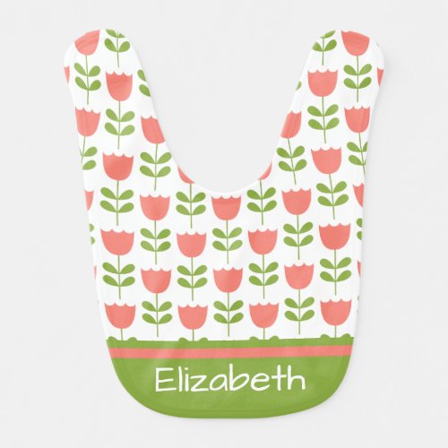 Pink and Green Tulips Personalized Reversible Baby Bib