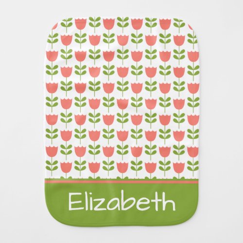 Pink and Green Tulips Personalized Reversible Baby Burp Cloth