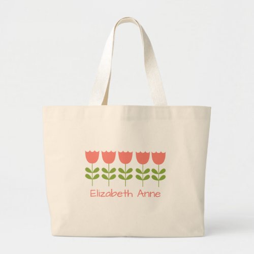 Pink and Green Tulips Personalized Reversible Large Tote Bag