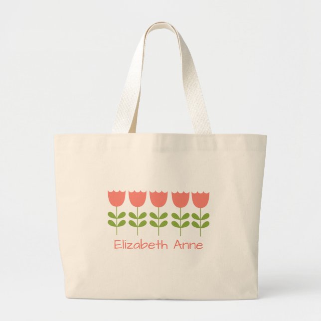 Pink and Green Tulips Personalized Reversible Large Tote Bag (Front)