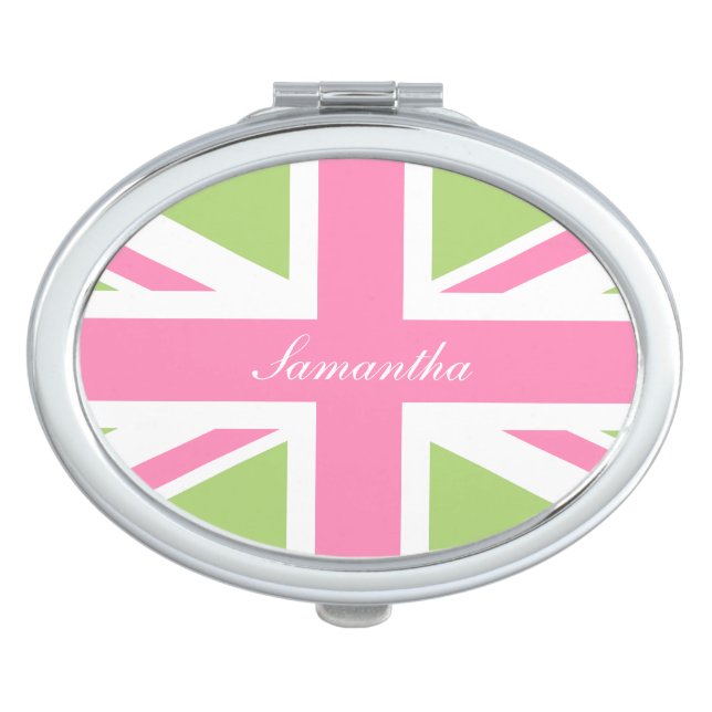 Pink and Green Union Jack Flag Personalized Compact Mirror (Front)