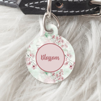 Pink and Green Watercolor Cherry Blossom Floral Pet ID Tag