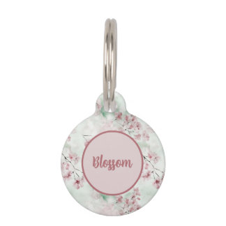Pink and Green Watercolor Cherry Blossom Floral Pet ID Tag