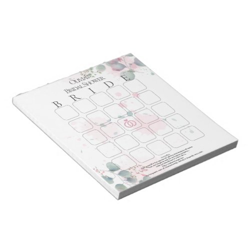 Pink and Green Watercolor Eucalyptus Bridal Bingo Notepad