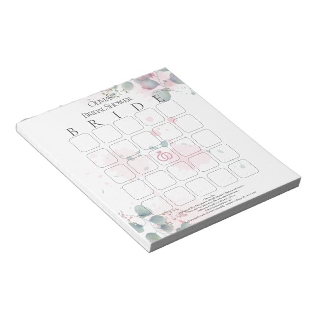 Pink and Green Watercolor Eucalyptus Bridal Bingo Notepad (Angled)