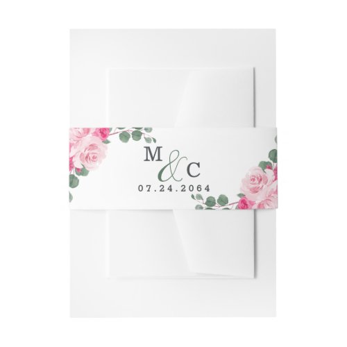 Pink and Green Watercolor Floral Greenery Wedding Invitation Belly Band