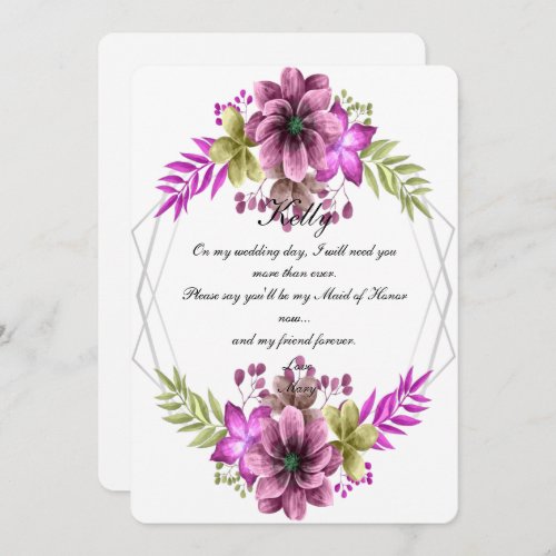 Pink And Green Watercolor Floral Maid Of Honor Invitation