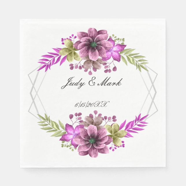Pink And Green Watercolor Floral Paper Napkins (Front)