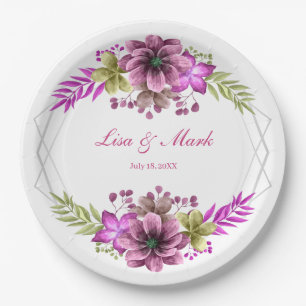 Pink And Green Watercolor Floral Wedding  Paper Plates