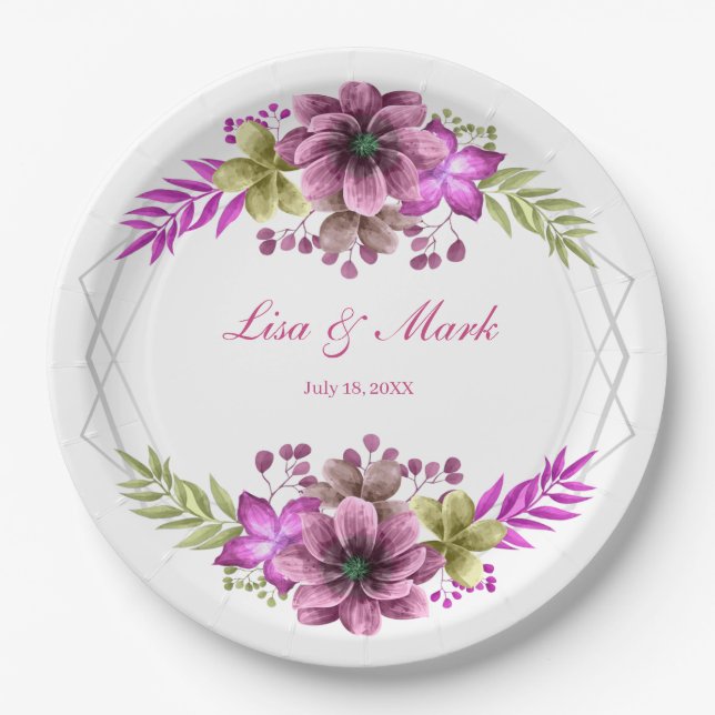 Pink And Green Watercolor Floral Wedding  Paper Plates (Front)