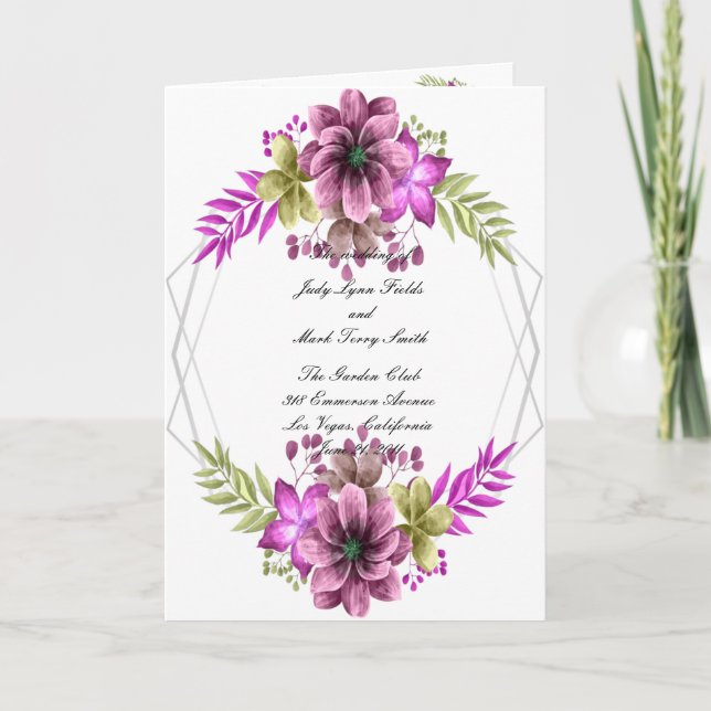 Pink And Green Watercolor Floral Wedding Program  (Front)