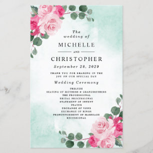 Pink and Green Watercolor Floral Wedding Programs
