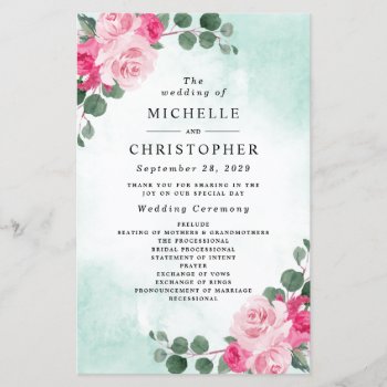 Pink And Green Watercolor Floral Wedding Programs by RusticWeddings at Zazzle