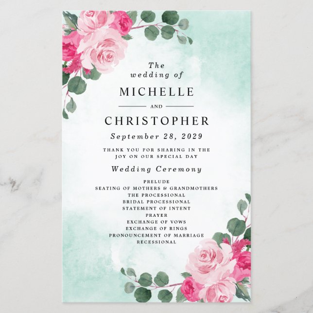 Pink and Green Watercolor Floral Wedding Programs (Front)