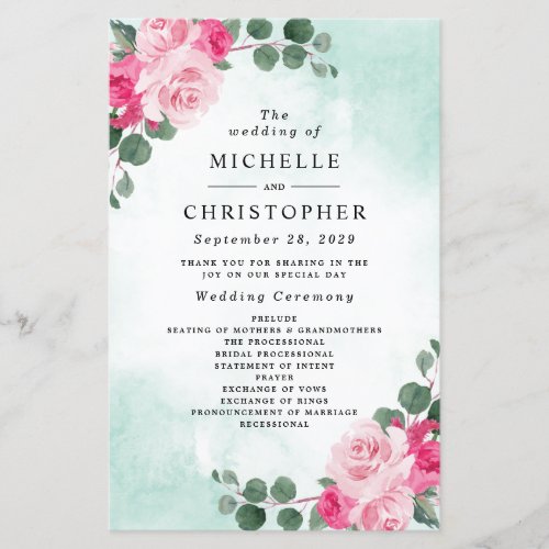 Pink and Green Watercolor Floral Wedding Programs