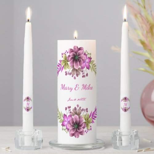 Pink And Green Watercolor Floral Wedding Unity Candle Set