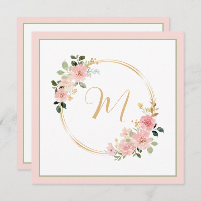 Pink and Green Watercolor Floral Wreath Monogram (Front/Back)