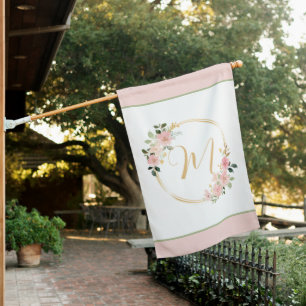 Pink and Green Watercolor Floral Wreath Monogram House Flag
