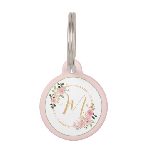Pink and Green Watercolor Floral Wreath Monogram Pet ID Tag