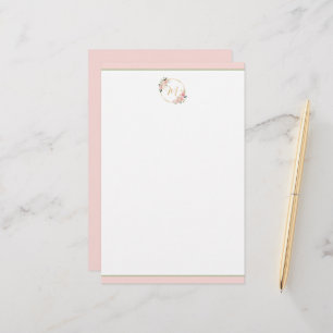 Pink and Green Watercolor Floral Wreath Monogram Stationery