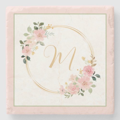 Pink and Green Watercolor Floral Wreath Monogram Stone Coaster