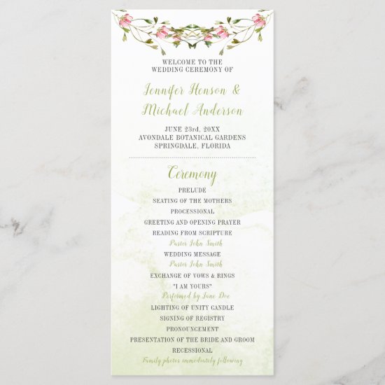 Pink and Green Watercolor Flowers Wedding Program
